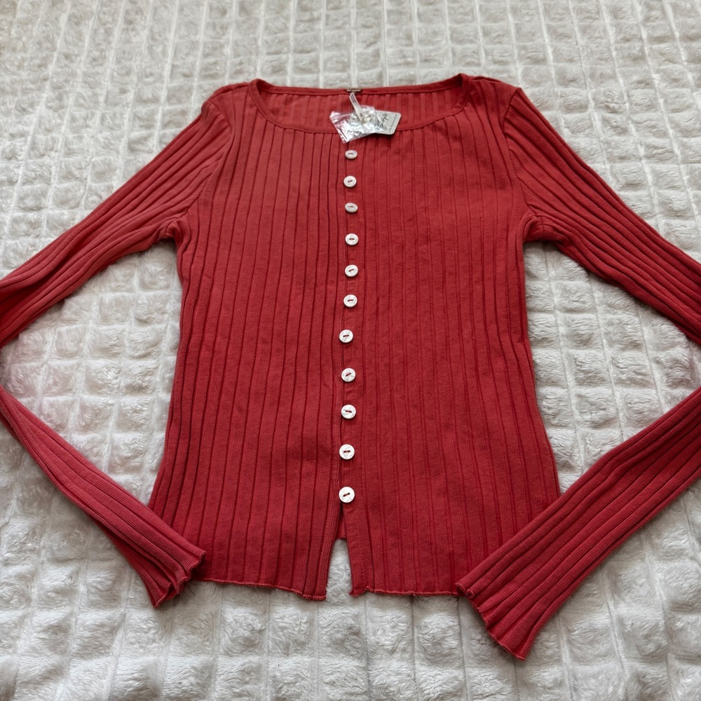 NEW Free People Medium Tilly Long Sleeve Ribbed Cardigan Top Academia Preppy Y2K